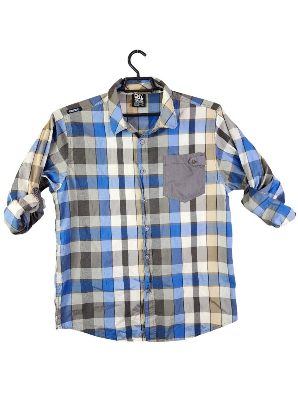 Mens Enyce Blue Beige Plaid Button Up Shirt Short Sleeve Cotton Blend Size L